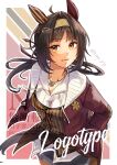  1girl ahoge animal_ears black_hair blue_shorts breasts brown_eyes brown_hair brown_hairband brown_headband brown_jacket brown_shirt character_name checkered_hairband collarbone commentary_request ear_covers hair_ornament hairband hairclip headband highres horse_ears horse_girl horse_tail jacket jewelry logotype_(umamusume) long_hair long_sleeves looking_at_viewer medium_breasts mommy_maro necklace shirt shorts smile solo tail umamusume white_shirt 