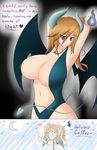  =_= brown_hair cleavage coffee cosplay fire heart huge_breasts impossible_hair jcdr moon necklace original pink_eyes sexually_suggestive smile star succubus tail wings 