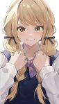  1girl absurdres black_ribbon blonde_hair blue_vest bow bowtie braid commentary_request fujita_kotone gakuen_idolmaster hair_ribbon hatsuboshi_gakuen_school_uniform highres idolmaster long_hair long_sleeves looking_at_viewer plaid_bow plaid_bowtie plaid_clothes ribbon school_uniform shirt simple_background smile solo teiyan twin_braids upper_body vest white_background white_shirt yellow_eyes 