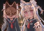  2girls animal_ears bandaid bandaid_hair_ornament black_sailor_collar black_serafuku black_skirt blonde_hair blue_streaks blush commentary cosplay dog_ears dog_girl english_commentary fox_mask fuwawa_abyssgard hair_ornament highres hololive hololive_english kukie-nyan long_sleeves looking_at_viewer mask mismatched_arms mococo_abyssgard monster_arm multicolored_hair multiple_girls neckerchief pill pink_eyes pink_streaks pleated_skirt red_neckerchief sailor_collar school_uniform serafuku shaded_face shimizu_hinako shimizu_hinako_(cosplay) short_hair siblings silent_hill_(series) silent_hill_f sisters skirt streaked_hair two_side_up virtual_youtuber 