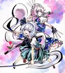  2girls apron between_fingers black_bow black_bowtie black_gloves black_hairband blue_eyes blush bow bowtie braid closed_mouth collared_shirt commentary_request dual_wielding flower full_body gloves green_bow green_skirt green_vest grey_hair hair_bow hairband highres hitodama hitodama_print holding holding_knife izayoi_sakuya kabaji katana knife knives_between_fingers konpaku_youmu konpaku_youmu_(ghost) long_hair looking_at_viewer maid maid_headdress multiple_girls open_mouth pink_flower print_skirt puffy_short_sleeves puffy_sleeves sheath shikishi shirt short_sleeves skirt skirt_set smile sword touhou traditional_media twin_braids unsheathed vest waist_apron weapon white_shirt 