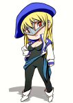  1girl beeru_(veil8801) beret black_bodysuit blonde_hair blue_hat bodysuit boots breasts cleavage closed_mouth collarbone commentary_request deformed earrings eye_mask full_body gear_senshi_dendou hand_on_own_hip hat high_collar highres jacket jewelry legs_apart long_hair long_sleeves mask medium_breasts open_clothes open_jacket red_eyes shadow simple_background smile solo standing vega_(dendoh) white_background white_boots white_jacket 
