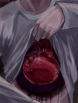  1other absurdres ambiguous_gender apple clothes_lift commentary_request food fruit guro heart_(organ) highres hole_in_chest hole_on_body o0hiiro0o original other_focus out_of_frame shirt shirt_lift solo surreal white_shirt 
