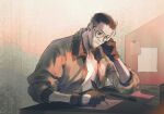 1boy :| beard_stubble black_hair bomber_jacket buzz_cut closed_mouth disco_elysium dule_(anhaidule) elbow_rest expressionless facial_hair glasses hair_slicked_back hand_on_own_face highres holding holding_pen jacket kim_kitsuragi male_focus pen round_eyewear short_hair solo stubble very_short_hair writing 
