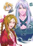  1girl 2boys aerith_gainsborough alternate_hairstyle anger_vein aqua_eyes arm_behind_back armor black_coat blonde_hair blue_shirt blush braid braided_ponytail brown_hair chest_strap chibi chibi_inset choker closed_mouth cloud_strife coat dress emi-bianchi final_fantasy final_fantasy_vii final_fantasy_vii_remake flower_choker gold_buttons green_eyes grey_hair hair_between_eyes hair_ribbon highres jacket long_hair multiple_boys open_mouth parted_bangs pauldrons pectorals pink_dress pink_ribbon red_jacket ribbed_shirt ribbon sephiroth shirt short_hair shoulder_armor sidelocks single_bare_shoulder single_braid single_pauldron slit_pupils smile sparkle spoken_anger_vein suspenders twitter_username upper_body white_background 