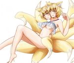  2girls animal_ears barefoot blonde_hair bottomless breasts conjoined crop_top flapper_shirt fox_ears fox_tail halter_top halterneck legs multi_head multiple_tails noein_(artist) paw_print see-through sisters smile tail touhou twins underboob yakumo_ran yellow_eyes 