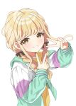  1girl absurdres blonde_hair blush braid brown_ribbon commentary_request double_v fujita_kotone gakuen_idolmaster grin hair_ribbon highres idolmaster jacket long_hair long_sleeves looking_at_viewer maribee_illust multicolored_jacket ribbon shirt simple_background smile solo twin_braids upper_body v white_background yellow_eyes yellow_shirt 