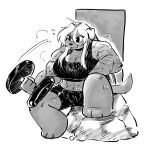anaugi anthro arm_scar bodily_fluids bra breasts canid canine canis cleavage clothed clothing digital_media_(artwork) digital_painting_(artwork) digital_watercolor_(artwork) domestic_dog dumbbell exercise exercise_clothing female hachimitsu:_blade_for_hire hi_res mammal miel_gallerte_(anaugi) monochrome on_rock painting_(artwork) rock scar sitting sitting_on_rock solo sports_bra sweat underwear watercolor_(artwork) weights