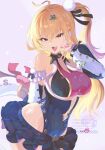  1girl ahoge bare_shoulders black_skirt blonde_hair blush breasts cissia_(zenless_zone_zero) cleavage commentary_request detached_sleeves fangs fingernails hair_between_eyes hair_ornament hairclip highres large_breasts long_hair looking_at_viewer metal_wrist_cuffs open_mouth pink_background pink_nails pom_pom_(clothes) pom_pom_hair_ornament red_eyes shock_collar skirt snake snake_girl snake_tail solo sparkle tail uixy underboob white_snake zenless_zone_zero 