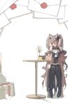  1girl absurdres angelina_(arknights) animal_ear_fluff animal_ears arknights arknights:_endfield bare_shoulders black_boots black_gloves black_thighhighs boots box breasts brown_hair chair coat coffee_table collarbone commentary cup dot_nose dress flower flower_request fold-over_boots fox_ears fox_girl full_body gift gift_box gilberta_(arknights) gloves grey_dress headpiece high_chair high_collar highres holding holding_cup impossible_clothes impossible_dress ko_uniii letter light_blush long_hair long_sleeves looking_at_viewer medium_breasts mug off_shoulder open_clothes open_coat red_coat red_eyes short_dress simple_background sitting sleeveless sleeveless_dress solo steam table thighhighs twintails untranslatable_commentary vase very_long_hair wax_seal white_background white_flower wooden_chair wooden_table zettai_ryouiki 
