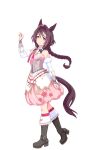 1girl 3d animal_ears bare_shoulders blush boots braid braided_ponytail breasts bridal_gauntlets brown_boots brown_hair closed_mouth detached_sleeves dress flower-shaped_pupils flower_in_eye game_model hair_between_eyes hair_ornament highres horse_ears horse_girl horse_tail long_braid long_hair looking_at_viewer official_art pink_dress pink_eyes pink_ribbon pink_socks ribbon sakura_chitose_o_(umamusume) smile socks solo symbol-shaped_pupils symbol_in_eye tail transparent_background umamusume 
