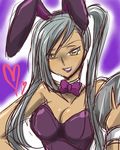  animal_ears bibirin bow bow_tie bowtie breasts bunny_ears bunnysuit cleavage code_geass dark_skin female gradient gradient_background leotard long_hair lowres ponytail silver_hair solo villetta_nu yellow_eyes 