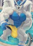  anthro avian big_penis bird bulge clothed clothing erection erection_under_clothes feathered_wings feathers humanoid_penis kunn_(artist) looking_at_viewer male muscular muscular_male owl penis solo standing swimming_pool topless wet wings 