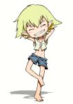  1girl ^_^ arms_behind_head bare_legs barefoot beeru_(veil8801) blonde_hair blue_shorts blush_stickers closed_eyes collarbone commentary_request deformed full_body grin highres leg_up navel niea_(niea_7) niea_7 no_nose pointy_ears shadow shirt short_hair shorts simple_background smile solo standing standing_on_one_leg teeth white_background white_shirt 