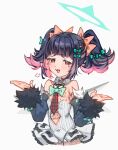  1girl :3 bare_shoulders black_choker black_hair blush bow bowtie checkered_necktie choker clothing_cutout colored_inner_hair commentary detached_sleeves dress english_commentary fur-trimmed_sleeves fur_trim green_bow green_bowtie green_halo hair_bow halo hands_up highres kghazir looking_at_viewer multicolored_hair multiple_hair_bows nangong_yu navel navel_cutout necktie open_mouth pink_bow red_eyes red_necktie simple_background sketch sleeve_bow solo upper_body white_background white_dress white_wings wings zenless_zone_zero 