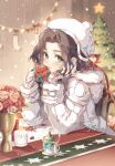  1girl aerith_gainsborough aerith_gainsborough_(fairy_of_snowfall) aqua_nails blurry blurry_background box brown_hair candle christmas_present christmas_stocking christmas_tree closed_mouth coat commentary_request earrings final_fantasy final_fantasy_vii final_fantasy_vii:_ever_crisis final_fantasy_vii_remake fingerless_gloves fingernails flower gift gift_box gloves green_eyes hair_ribbon hand_in_own_hair hat head_on_hand highres holding holding_gift hood hood_down hooded_coat indoors jewelry kieta leaning_on_table light_blush long_fingernails long_hair long_sleeves looking_at_viewer nail_polish official_alternate_costume parted_bangs pennant pom_pom_hat_ornament red_flower red_ribbon ribbon smile snow_globe snowflake_earrings solo star_(symbol) tree-topper upper_body vase wavy_hair white_gloves white_hat winter_clothes winter_coat 