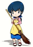  1girl apron bamboo_broom beeru_(veil8801) blue_eyes blue_hair broom closed_mouth commentary_request deformed full_body highres holding holding_broom legs_apart long_hair low_ponytail maison_ikkoku otonashi_kyouko piyo_piyo_apron ponytail red_sandals sandals shadow simple_background slides smile socks solo split_mouth standing white_background white_socks yellow_apron 