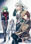  4girls absurdres akechi_gorou aotsuki_eito black_gloves black_jacket black_necktie black_pants black_skirt black_suit black_thighhighs blazer brown_hair brown_jacket chinese_commentary coat collarbone commentary_request crossover curly_hair danganronpa_(series) danganronpa_2:_goodbye_despair formal_clothes genderswap genderswap_(mtf) glasses gloves green_hair green_jacket grey_hair hair_ribbon hand_in_pocket highres jacket kimi_ga_shine komaeda_nagito kurenaikiyumi long_sleeves looking_at_viewer low_ponytail midori_(kimi_ga_shine) miniskirt multiple_girls necktie pants persona persona_5 pleated_skirt polka_dot polka_dot_scarf ponytail print_shirt red_scarf ribbon scarf school_uniform shirt shuujin_academy_school_uniform sitting skirt smile standing striped_clothes suit suit_jacket the_hundred_line_-last_defense_academy- thighhighs vertical-striped_clothes vertical-striped_necktie white_coat white_hair white_pants white_shirt 