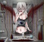  1girl absurdres black_shirt blood blood_splatter broken_mirror commentary_request contrapposto cowboy_shot crop_top cuts drawn_wings drugs faucet hand_up highres holding holding_phone injury izayoi398_rinne long_hair looking_at_viewer mirror navel_piercing noose original partial_commentary phone piercing pill_bottle pink_eyes print_shirt self-harm shirt sink slit_throat tile_wall tiles white_hair wrist_cutting 