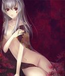  bad_id bad_pixiv_id flower hakuouki_shinsengumi_kitan horns japanese_clothes long_hair navel ouka_mai purple_eyes silver_hair solo yukimura_chizuru 