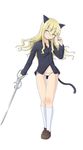  absurdres animal_ears bad_id bad_pixiv_id blonde_hair boko_(maniacpurple) cat_ears dress_shirt glasses highres long_hair no_pants panties perrine_h_clostermann rapier shirt solo strike_witches sword tail underwear weapon world_witches_series yellow_eyes 