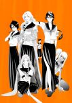  6+girls armband bandaid bandaid_on_cheek bandaid_on_face bandaid_on_nose bleach bleach:_epilogue blowing_bubble_gum bokken breasts cape chest_sarashi chewing_gum cigarette commentary_request delinquent folded_ponytail ganguro gekkousha glasses greyscale_with_colored_background gyaru hair_ornament holding holding_cigarette holding_weapon inoue_orihime ise_nanao kneehighs kuchiki_rukia large_breasts loafers long_skirt matsumoto_rangiku medium_breasts medium_skirt multiple_girls navel opaque_glasses orange_background pleated_skirt sarashi school_uniform serafuku shoes short_hair side_ponytail skirt slippers socks squatting sukeban sword tongue tongue_out v wavy_hair weapon wooden_sword yadoumaru_lisa yayahara_yuyu 