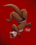 anthro brown_body brown_fur bulge clothing detailed_bulge eyewear fur glasses hi_res jockstrap long_tail looking_at_viewer male mammal mustelid navel nipples one_eye_closed otter red_background river_otter sami_(rudderbutts) senor_nutria simple_background solo tail tongue tongue_out underwear upside_down watermark wearing_glasses whiskers wink winking_at_viewer