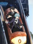  1boy 1girl alcohol angela_(project_moon) ascot black_hair black_jacket black_necktie black_skirt black_suit black_vest blue_coat blue_hair book bottle champagne_bottle chinese_commentary coat cocktail_glass collared_shirt commentary_request cup drinking_glass frilled_sleeves frills highres holding holding_book holding_bottle holding_cup jacket library_of_ruina long_sleeves necktie pants photo-referenced photo_background pouring project_moon reading roland_(project_moon) shirt short_hair sitting skirt splash_mountain suit uzr_akira vest white_shirt 