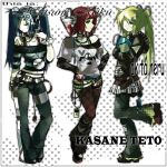  3girls :3 absurdres akita_neru aqua_hair bare_shoulders belt belt_collar black_border black_choker black_hoodie black_leg_warmers black_shirt blonde_hair blue_eyes border bracelet breasts cable cd cd_bracelet cd_hair_ornament cd_necklace cellphone character_name charm_(object) choker closed_eyes closed_mouth collar comic_sans cursor_hair_ornament d4rkangel_01 drill_hair drill_hair_ornament electric_plug eyeshadow full_body green_eyes grey_pants hair_ornament hair_over_one_eye hairclip hand_up hands_on_own_hips hatsune_miku highres holding hood hood_down hoodie ipod jewelry kasane_teto layered_shirt leg_up leg_warmers long_hair long_sleeves looking_at_viewer makeup medium_breasts mp3_player multiple_belts multiple_bracelets multiple_girls necklace nyan_cat off-shoulder_shirt off_shoulder pants parallel_hairclips peace_symbol phone piano_print ponytail red_hair red_pants shirt shoes short_hair sidelocks single_bare_shoulder single_off_shoulder skirt standing standing_on_one_leg strap striped_clothes striped_hoodie striped_shirt tamagotchi_(virtual_pet) twin_drills twintails two-tone_shirt utau virtual_pet_(toy) vocaloid white_background white_shirt y2k_fashion 