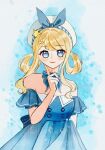  1girl bare_arms bare_shoulders beret blonde_hair blue_background blue_bow blue_bowtie blue_choker blue_dress blue_eyes blue_sleeves bow bow_choker bowtie brooch bubble bubbly_voyage_(infinity_nikki) buttons chinese_commentary choker closed_mouth collared_dress commentary_request cowboy_shot detached_sleeves dress eyelashes finger_to_cheek frilled_sleeves frills hair_ornament hair_rings hairclip happy hat hat_bow hat_ornament highres infinity_nikki jewelry light_blush lipstick makeup nikki_(series) no_wrist_cuffs pink_lips pleated_dress rabbit_hair_ornament shanfengzhu short_hair_with_long_locks short_sleeves sidelocks smile solo standing star_(symbol) star_hat_ornament strapless strapless_dress tareme wavy_hair white_hat 