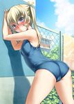  against_wall arched_back armpits asakura_mao ass bangs blonde_hair blue_eyes blush bosshi building bush cameltoe chain-link_fence cloud covered_nipples day embarrassed fence flat_chest floral_print futabu gradient hair_between_eyes hair_ribbon leaning_forward looking_at_viewer one-piece_swimsuit outdoors profile ribbon school school_swimsuit shadow sky solo spread_legs standing swimsuit tree twintails window 