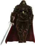  1boy absurdres armor armored_boots arms_at_sides beard black_armor black_boots black_pants blue_gem boots breastplate cape clenched_hands closed_mouth colored_skin crack evil_smile facial_hair faulds full_body furrowed_brow ganondorf gem glowing glowing_sword glowing_weapon gold_trim grey_skin happy head_chain heel_up highres holding holding_sword holding_weapon jewelry knee_pads looking_at_viewer male_focus nakano_yusuke official_art pants red_cape red_hair short_hair shoulder_armor simple_background smile solo standing sword sword_of_the_six_sages the_legend_of_zelda the_legend_of_zelda:_twilight_princess thick_eyebrows third-party_source transparent_background vambraces weapon yellow_eyes yellow_gem 