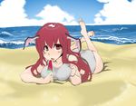  bad_id bad_pixiv_id barefoot bat_wings beach breasts day feet food head_wings highres koakuma long_hair lying medium_breasts nooboo on_stomach popsicle red_eyes red_hair sketch solo swimsuit touhou water watermelon_bar wings 