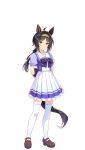  1girl animal_ears arms_behind_back black_hair blue_eyes blush bow bowtie breasts brown_eyes brown_hair brown_hairband brown_shoes closed_mouth ear_covers hair_ornament hairband hairclip highres horse_ears horse_girl horse_tail logotype_(umamusume) long_sleeves looking_at_viewer medium_breasts official_art pleated_skirt puffy_short_sleeves puffy_sleeves purple_bow purple_bowtie purple_shirt sailor_collar sailor_shirt school_uniform shirt shoes short_sleeves simple_background skirt smile solo tail tracen_school_uniform transparent_background umamusume white_sailor_collar white_skirt 
