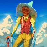  1boy absurdres androgynous belt blonde_hair bolo_tie braid braided_ponytail cherriielle cloud cloudy_sky design_speculation earrings elf fantasy hat highres holding holding_umbrella jewelry juliet_sleeves lips long_hair long_pointy_ears long_sleeves male_focus official_alternate_skin_color pants pointy_ears puffy_sleeves realistic sky solo taako_(the_adventure_zone) the_adventure_zone tooth_gap umbrella vest witch_hat 