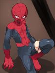 1boy big_head bodysuit boots bulge clothed_erection erect_nipples erection erection_under_clothes gloves male male_focus marvel mask rand rand_(artist) solo spider-man spider_man spread_legs sweat torn_clothes 