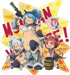  1girl 3boys animal_ears barrel battle_horn blue_hair boots breasts burn burn_(inazuma_eleven) capcom cat_ears cat_tail chibi gazelle gloves gran horn inazuma_eleven inazuma_eleven_(series) kiyama_hiroto loincloth midriff monster_hunter multiple_boys nagumo_haruya red_hair suzuno_fuusuke tail thighhighs underboob urubida weapon white_hair yagami_reina 