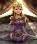  backlighting bed blonde_hair blue_eyes breasts chichi_band cleavage dress earrings elbow_gloves gloves jewelry kneeling large_breasts light light_rays looking_at_viewer pointy_ears princess_zelda seiza shoulder_pads sitting smile solo sunbeam sunlight the_legend_of_zelda the_legend_of_zelda:_twilight_princess tiara 