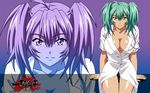  1girl ahoge black_panties breasts cleavage erect_nipples green_eyes green_hair ikkitousen large_breasts legs long_hair looking_at_viewer no_bra panties ryofu_housen short_hair sitting smile thighs twintails underwear wallpaper 