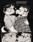 2_panel_comic anthro blush blush_lines bodily_fluids canid canine canis close_up_panel clothing comic dialogue domestic_dog duo english_text eye_contact eyewear freckled_face freckles glasses heart_symbol hi_res hug intimate kissing littlearrowdog looking_at_another male male/male mammal monochrome nose_to_nose nuzzling pattern_clothing pattern_shirt pattern_topwear plaid plaid_clothing plaid_shirt plaid_topwear saliva saliva_string shirt sky standing star starry_sky t-shirt tail text topwear tuft