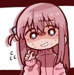  1girl blue_eyes bocchi_the_rock! chibi chibi_only commentary_request cube_hair_ornament flying_sweatdrops gotoh_hitori hair_ornament hand_up henyomen high_collar highres jacket long_hair long_sleeves nervous_smile nervous_sweating one_eye_closed pink_hair shaded_face sleeves_past_wrists smile solo sweat track_jacket 