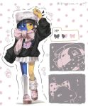  2girls arm_up asymmetrical_legwear black_eyes black_hair blue_skin blunt_bangs bow colored_skin dog dotted_line earmuffs ena_(ena) ena_(series) english_commentary fur_hat hat health_bar highres hourglass_dog ikitakawa lace-trimmed_skirt lace_trim long_sleeves moony_(ena) multiple_girls pleated_skirt polka_dot polka_dot_bow polka_dot_scarf scarf scarf_bow single_leg_warmer skirt sleeves_past_fingers sleeves_past_wrists smile split-color_skin standing standing_on_one_leg twitter_username yellow_skin 