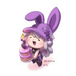  1girl black_shirt cake chibi chibi_only closed_eyes food full_body grey_hair hat hat_ornament hat_with_ears highres hoishere7 holding holding_cake holding_food ine_(vtuber) long_hair musical_note_hat_ornament open_mouth purple_hair shirt simple_background sleeveless sleeveless_shirt solo star_(symbol) star_hat_ornament translation_request virtual_youtuber waktaverse white_background wing_hat_ornament 