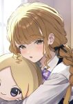  1girl :o absurdres black_ribbon black_vest blonde_hair blush bow bowtie braid character_doll chibigurumi commentary_request doll fujita_kotone gakuen_idolmaster hair_ribbon highres hugging_doll hugging_object idolmaster indoors juo_sena looking_at_viewer plaid_bow plaid_bowtie plaid_clothes ribbon shirt solo teiyan upper_body vest white_shirt yellow_eyes 