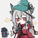  1girl 1other ambiguous_gender aqua_gloves aqua_hat arknights ascot asususususu bare_shoulders black_ascot blush chibi closed_mouth commentary_request crying detached_sleeves doctor_(arknights) dress gloves glowstick grey_background grey_hair hair_between_eyes hat highres holding hood hood_up hooded_coat hooded_jacket jacket long_hair long_sleeves looking_at_viewer official_alternate_costume red_dress red_eyes simple_background skadi_(arknights) skadi_the_corrupting_heart_(arknights) staff star_(symbol) streaming_tears tears upper_body v 