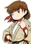  1girl ;) beeru_(veil8801) brown_eyes brown_hair closed_mouth collarbone commentary_request dougi fighter's_history hand_on_own_hip headband highres japanese_flag kanou_ryouko_(fighter's_history) martial_arts_belt one_eye_closed red_headband short_hair simple_background smile solo split_mouth white_background 