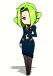  1girl beeru_(veil8801) black_pantyhose blue_dress blue_hairband blue_shoes breasts closed_mouth commentary_request curtained_hair d_(dual!_parallel_trouble_adventure) deformed dress dual!_parallel_trouble_adventure full_body green_hair hair_over_one_eye hairband highres juliet_sleeves long_sleeves looking_at_viewer medium_breasts pantyhose puffy_sleeves purple_eyes shadow shoes short_hair simple_background solo white_background 
