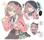  1girl :3 :d animal_ears blue_eyes blush bow brown_hair cardigan commentary_request dopperu_ben hair_bow hair_ornament hat highres long_sleeves looking_at_viewer medium_hair nijisanji open_mouth pink_cardigan shirt skirt sleeves_past_wrists smile suzuhara_lulu suzuhara_lulu_(1st_costume) tongue virtual_youtuber white_background white_shirt x_hair_ornament 