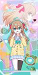  1boy 1girl ahoge aqua_eyes bag bandaid bandaid_on_knee bandaid_on_leg black_thighhighs blue_sailor_collar blue_skirt brown_hair cardigan closed_mouth cookie cowboy_shot duffel_bag false_qa fingersmile food frog_hat from_side hair_between_eyes hair_ornament hair_ribbon hashtag-only_commentary heart heart_hair_ornament highres lava_lamp loading_screen long_hair long_sleeves miniskirt multiple_views neuro-sama off-shoulder_cardigan open_mouth osu! pleated_skirt profile red_ribbon ribbon rubber_duck sailor_collar shirt single_thighhigh skirt sleeping straight-on thighhighs triangle_mouth turtle two_side_up vedal987 vedal_ai virtual_youtuber white_shirt yellow_cardigan zzz 