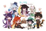  2boys 5girls absurdres ahoge animal_ear_fluff animal_ears antenna_hair artist_name beer_mug biker_clothes bikesuit blunt_bangs bodysuit braid brown_hair cat_boy cat_ears cat_girl cat_tail chibi chibi_only chinese_clothes closed_eyes columbina_(genshin_impact) commentary crescent crossed_legs cup dated dress drinking earrings fake_head_wings fox fox_girl from_side full_body furina_(genshin_impact) genshin_impact gradient_hair green_eyes green_hair hair_between_eyes hair_ribbon hat highres holding holding_cup huge_ahoge japanese_clothes jewelry kimono knee_up knees_up licking long_hair long_sleeves looking_at_viewer looking_to_the_side mavuika_(genshin_impact) mole mole_under_eye moon mug multicolored_hair multiple_boys multiple_girls nahida_(genshin_impact) nene_chiru on_ground open_mouth orange_eyes purple_eyes purple_hair purple_kimono raiden_shogun red_eyes red_hair red_sash ribbon sakazuki sash short_hair shorts sitting standing streaked_hair suit tail tail_wagging teacup tongue tongue_out top_hat untranslatable_commentary venti_(genshin_impact) wavy_hair wide-eyed wide_sleeves yae_miko yae_miko_(fox) zhongli_(genshin_impact) 